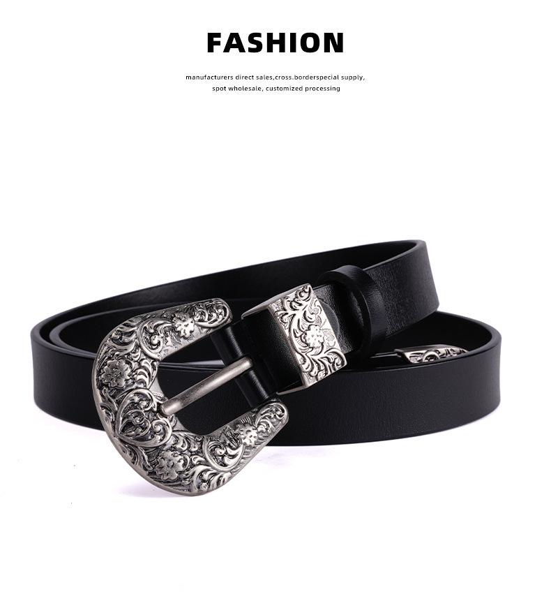 Women's Retro Carved Black Genuine Leather Belt with Pin Buckle