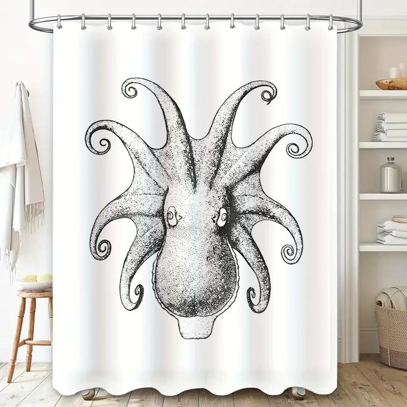 Elegant Octopus Shower Curtain Waterproof Bath Decor for Home Decoration White and Black Modern Print