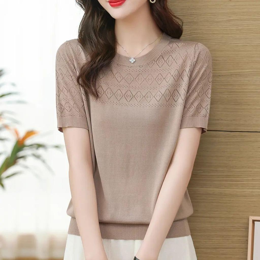Summer Women's Round Neck Knitted T-shirt Thin Loose Short Slimming and Hollowed Out Top