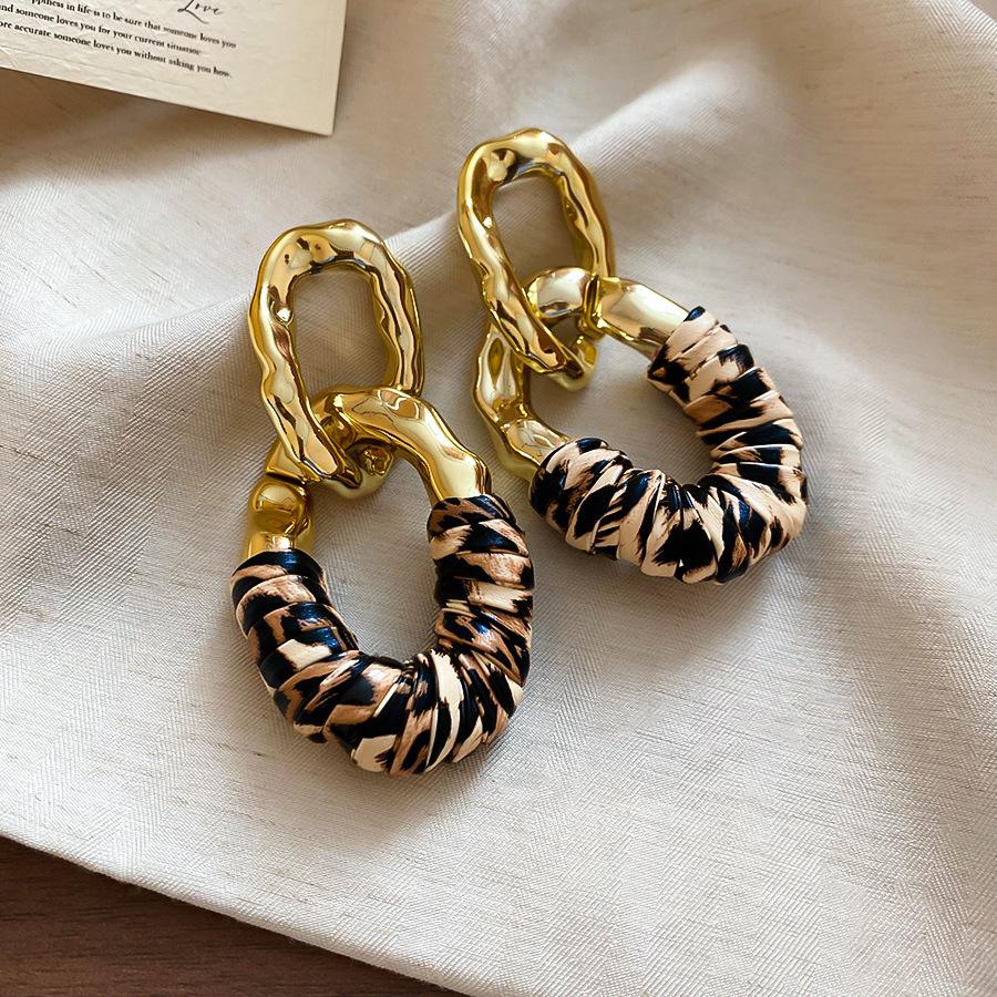 European and American retro autumn and winter geometric leather leopard print earrings light luxury stud earrings personality temperament earrings