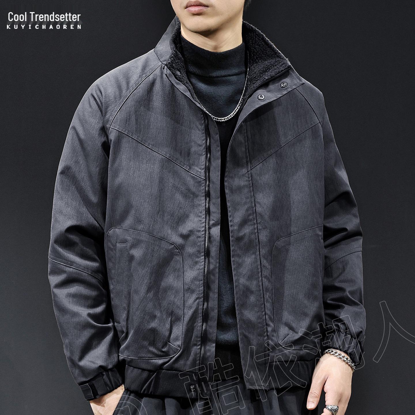 

Men s Lambswool Coat - Warm Thickened Retro Workwear Jacket with Stand Collar, Autumn Winter 2025 Collection. L for 65-72 kg чорний