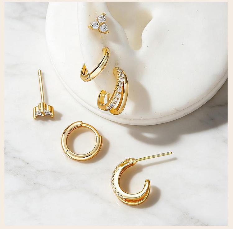 3 Pcs Set Hoop Stud Earrings for Women, Multiple Piercing CZ Crystal Triangle Studs Stackable Huggie Earrings Set Jewelry