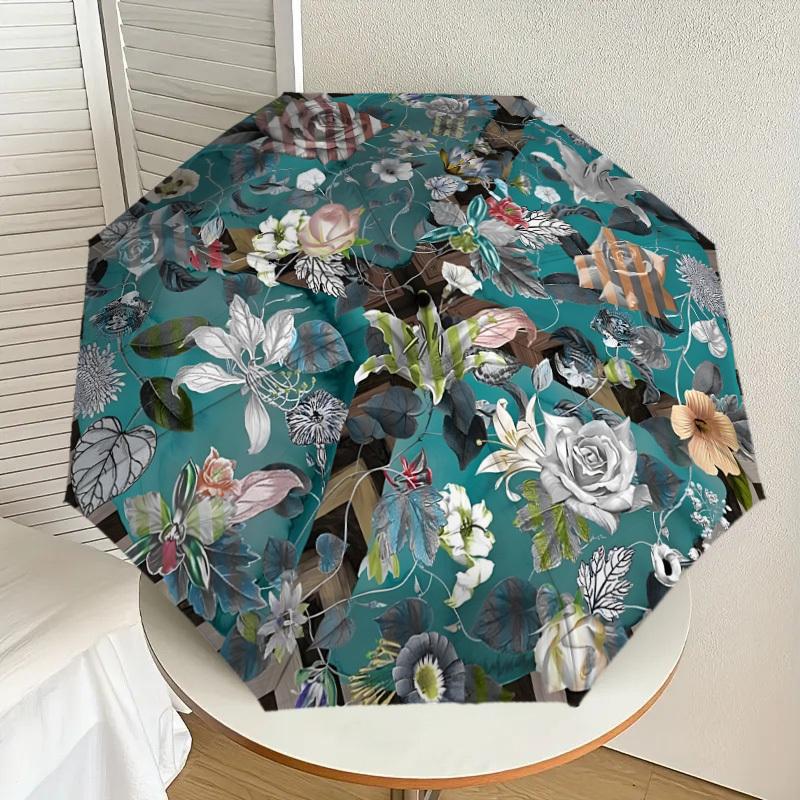 

1pc Floral Harmony in Teal Umbrella with Plastic Handle,Suitable for All Seasons Home Travel Outdoor UmbrellaDD1277