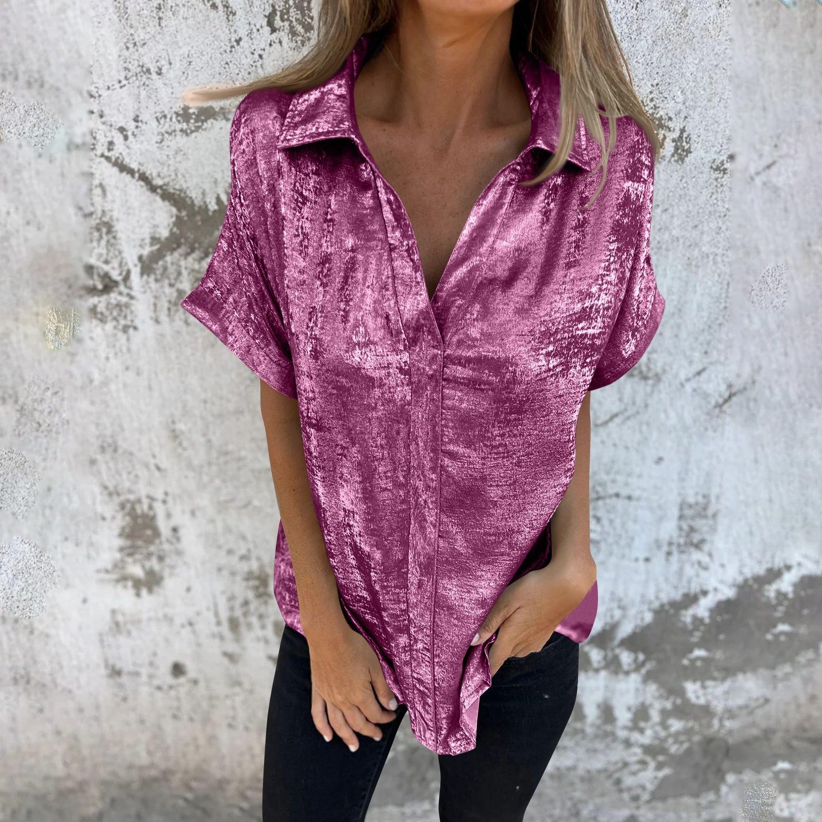 

Женская мода однотонный лацкан с короткими рукавами свободный пуловер рубашка топ XL фиолетовый