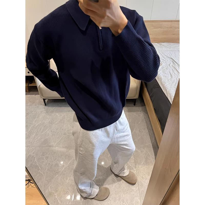 Men's Dark Blue Half-Zip Knit Sweater - Winter, Clean Fit, Versatile Casual Top