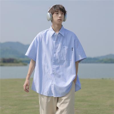Camisa listrada masculina primavera verão, fresca, respirável, para trabalho, gola virada para baixo, manga curta