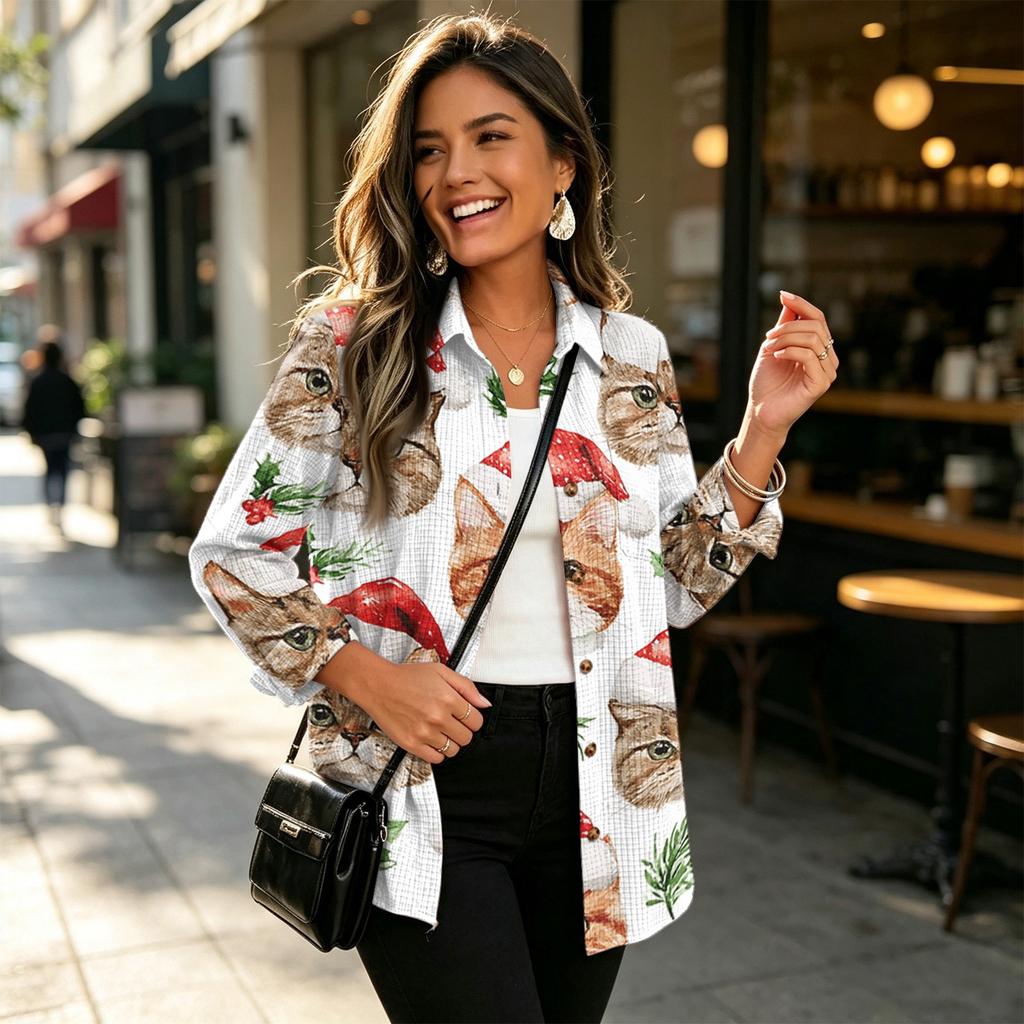 Women's Casual Loose Fit Christmas Print Button-Front Long Sleeve Cardigan Top