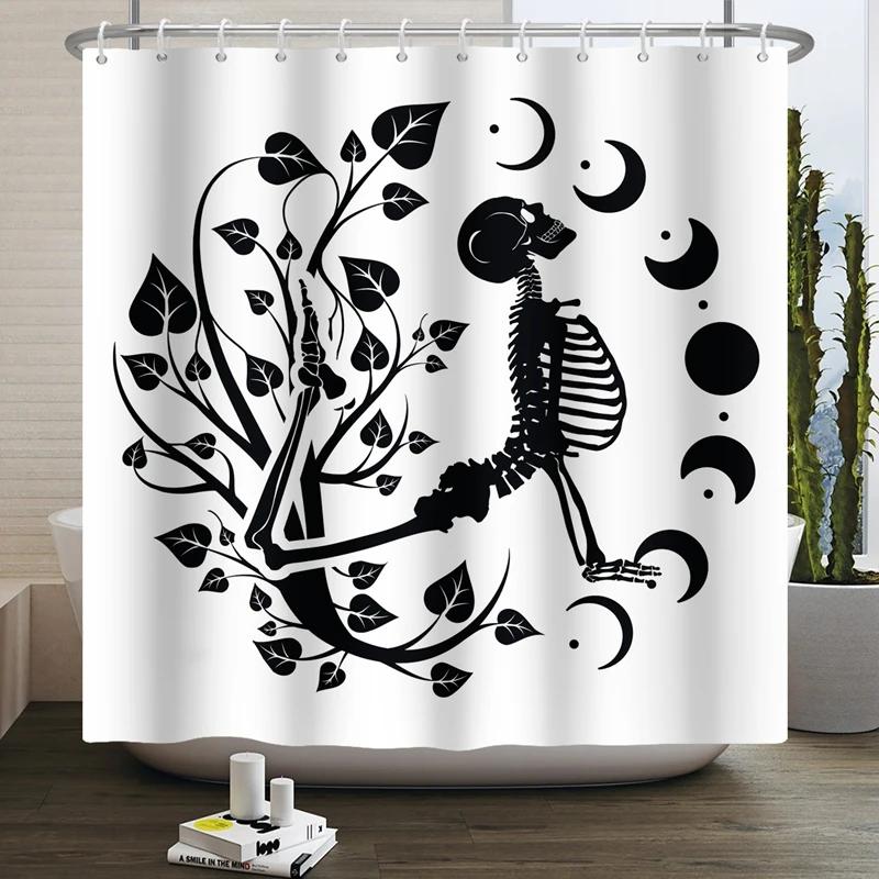 Floral Skull Shower Curtain Mushroom Gothic Halloween Bathroom Decor Curtain Skeleton Butterfly Vintage Artwork Bathtub Curtain