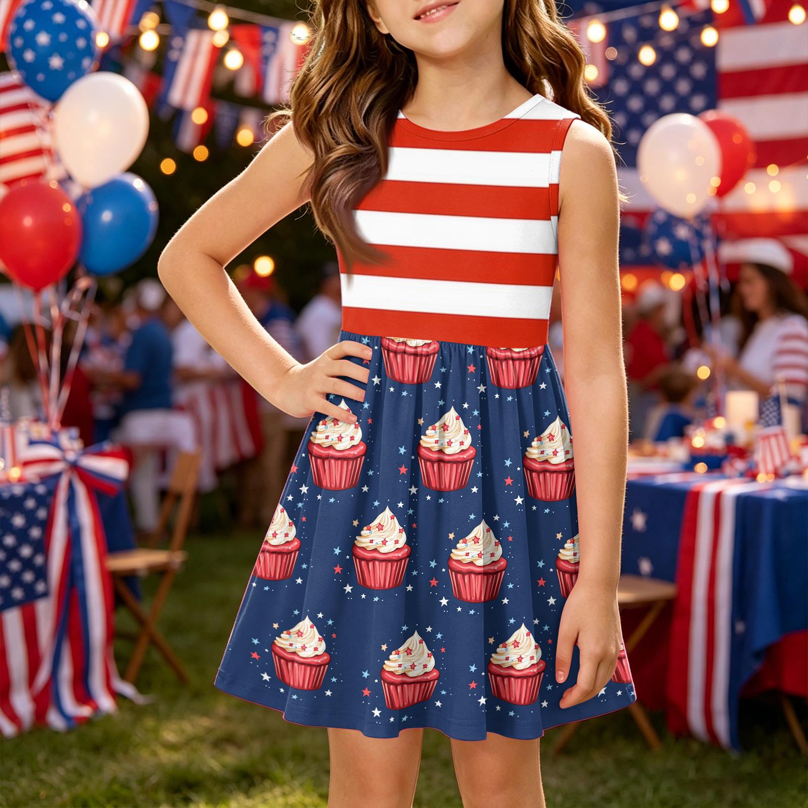 Girls Sleeveless Dress Independence Day Style Patchwork Sleeveless Casual Dress Summer Kids Party Dress for Girls 150 бежевый