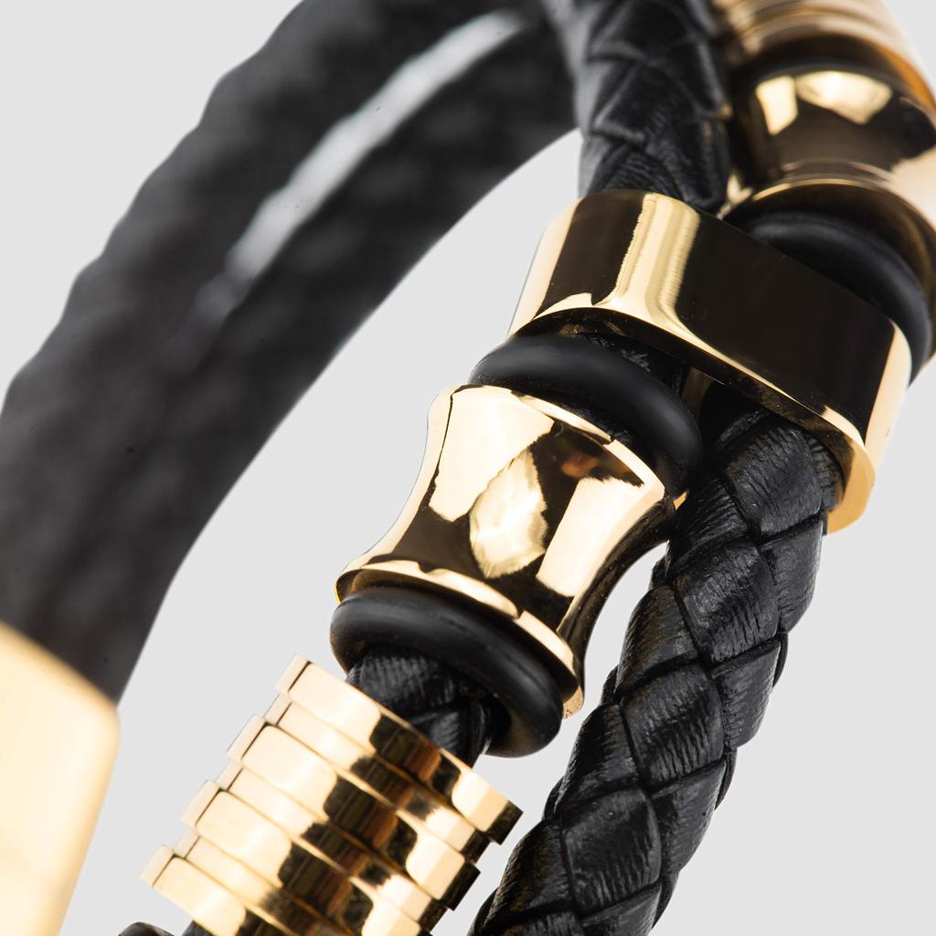 Bracelet 23cm Gold with Gift Box Genuine Leather Braided Cowhide Adjustable Magnetic Clasp Wrap Jewelry Rope for Men Boys Band Accessories [SERASAR]