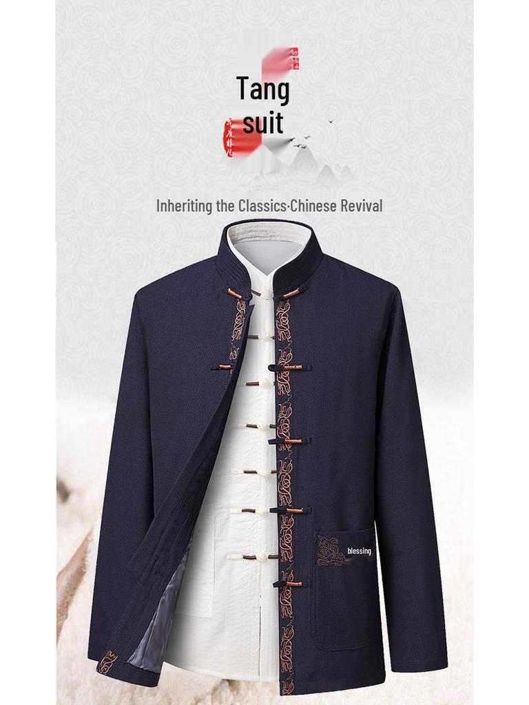 Men's Embroidered Tang Suit Set: Long Sleeve Hanfu Overcoat for Spring & Autumn
