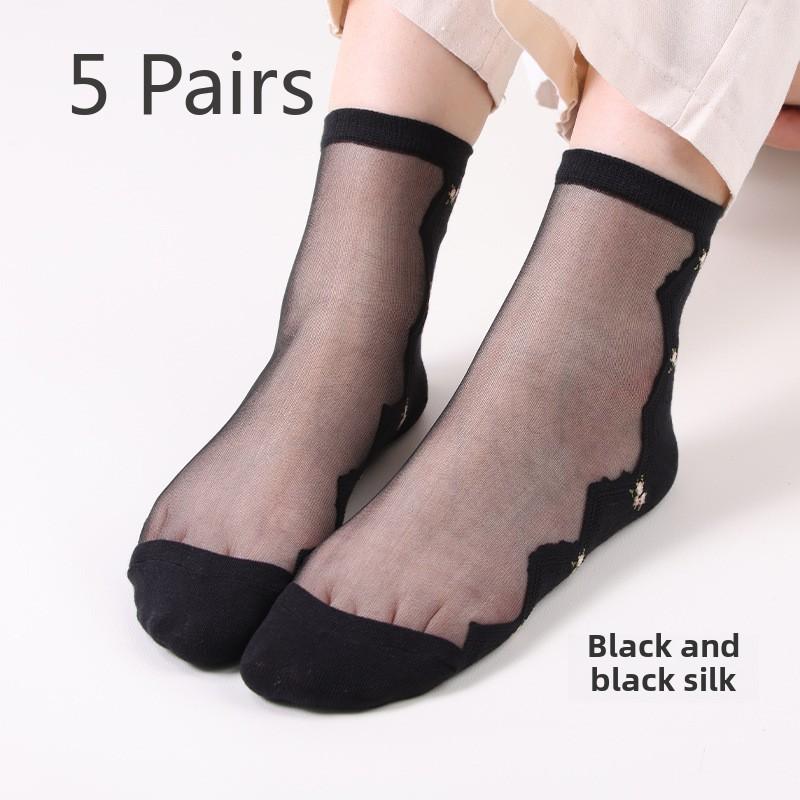 5 Pairs Women Spring and Summer Crystal Stockings Women's Mid-tube Stockings Glass Stockings Casual Jacquard Crystal Stockings