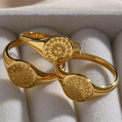Göttin-Stern-Mond-Sonne-Muster-Ring, einfacher geometrischer Retro-Stil, Zubehör für Frauen, Ring, runder Siegelring