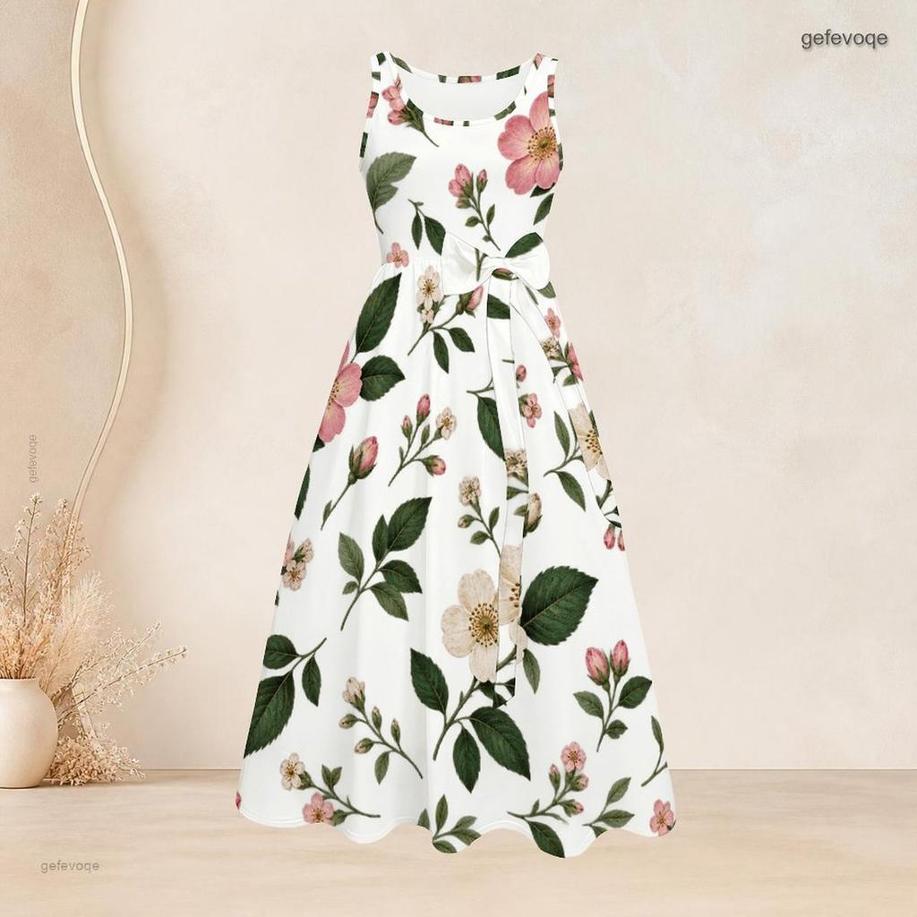 Women Plus Size Round Neck Sleeveless White Blue Floral Printed Dress Tie Waist A Line Flared Dress