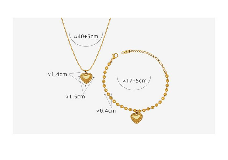 Trendy European & American Couples Peach Heart Necklace & Bracelet Set, Titanium Steel, 18K Gold Plated, Round Bead Chain.