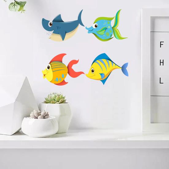 4 Pcs Wood Fish Nautical Wall Decor, Ocean Fish Shark Rustic Hanging Beach Decor, Cartoon Coastal Wall Art for Living Room, Nursery