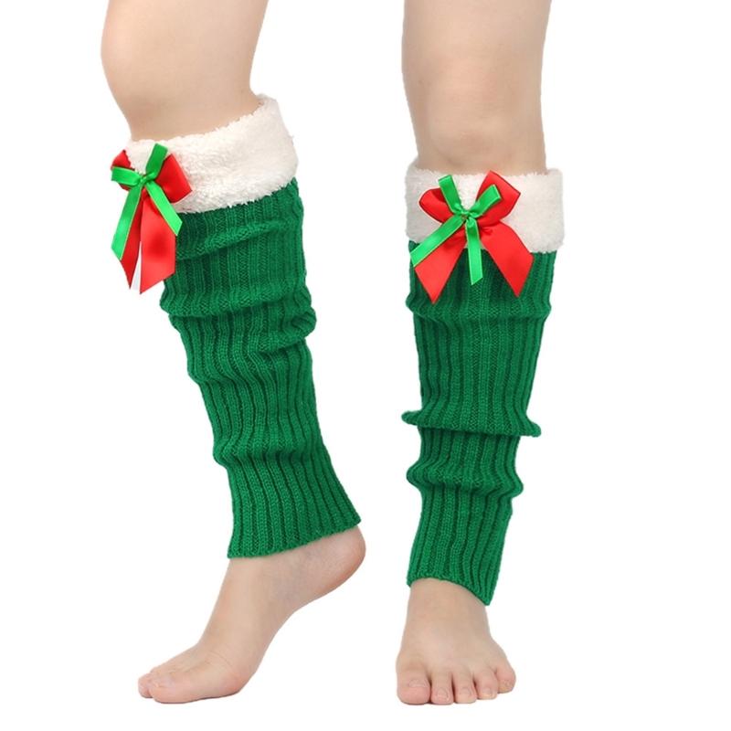 Ribbed Knitted Christmas Boot Cuffs for Women Sweet Bowknot Festival Plush Trim Leg Warmers Calf Socks for Cold Weather