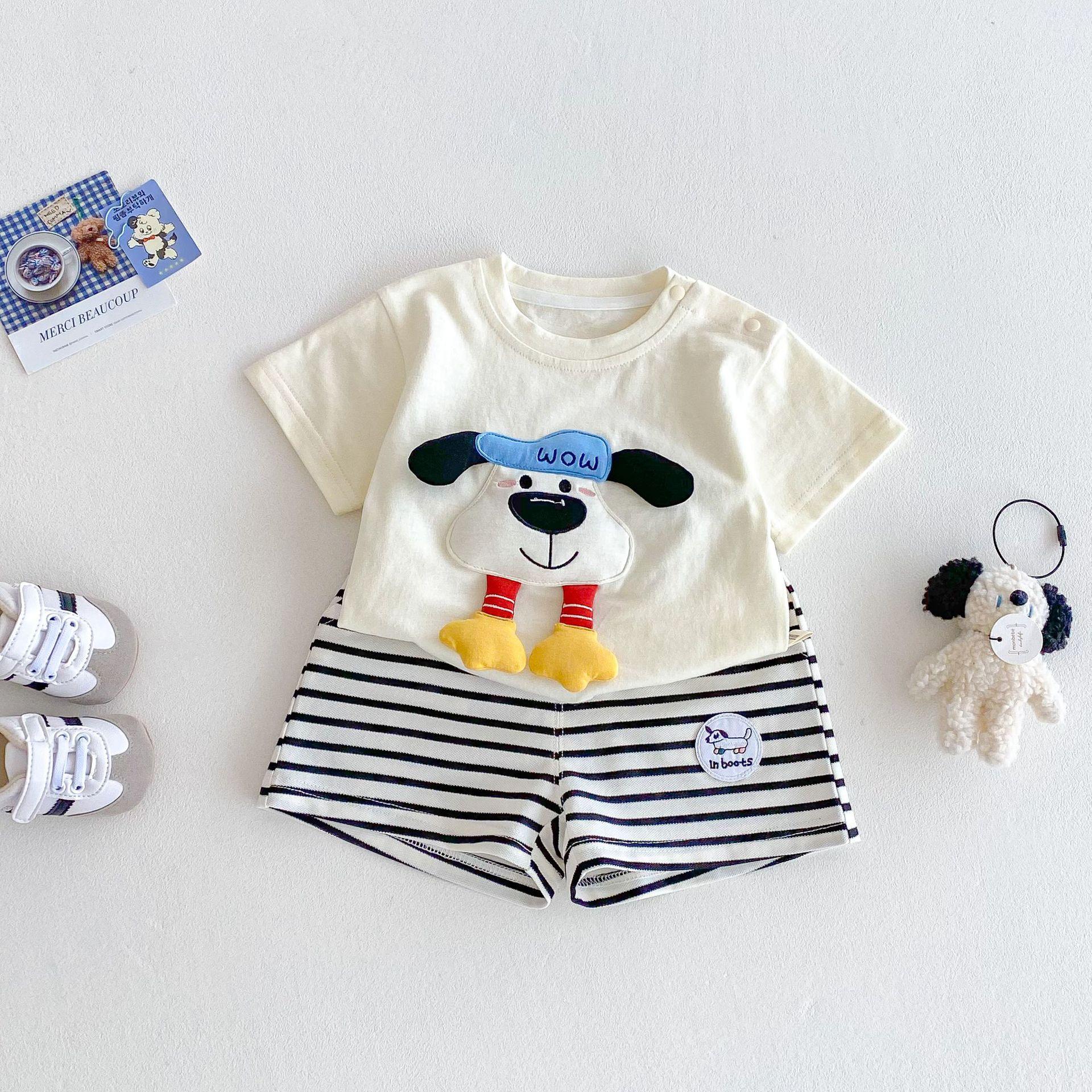 

Boys Summer Outfit Set Korean Style Cartoon T Shirt and Patchwork Shorts Two Piece Clothing for Kids 73