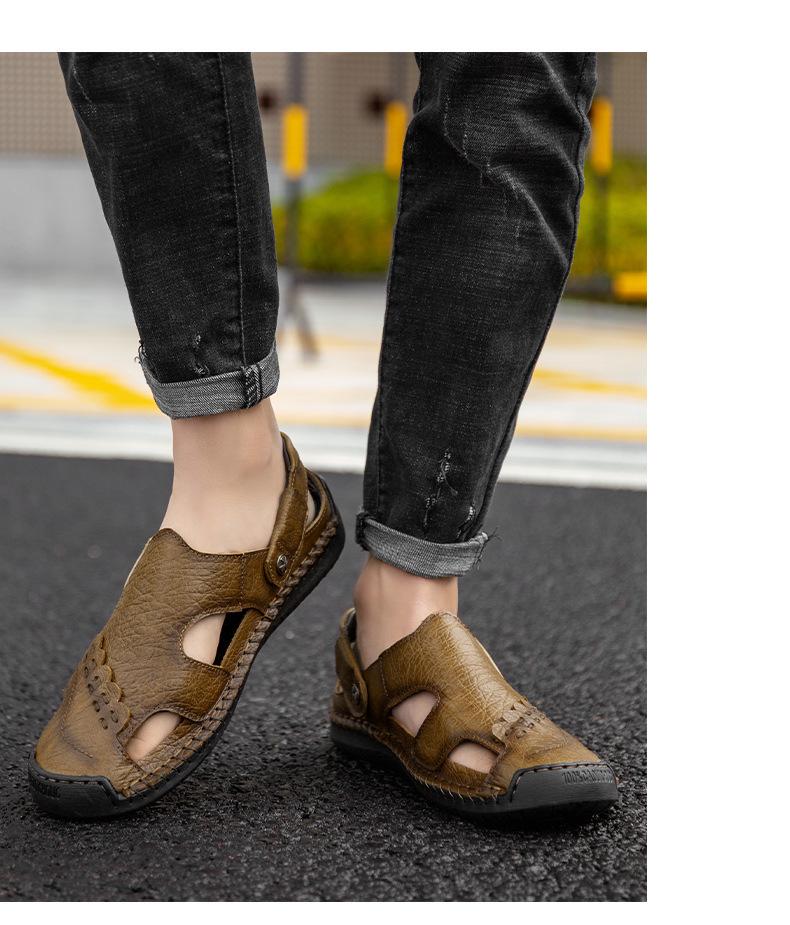 Men's Genuine Leather Cut-Out Toe Summer Sandals - Comfortable, Breathable, and Versatile for Outdoor Wear