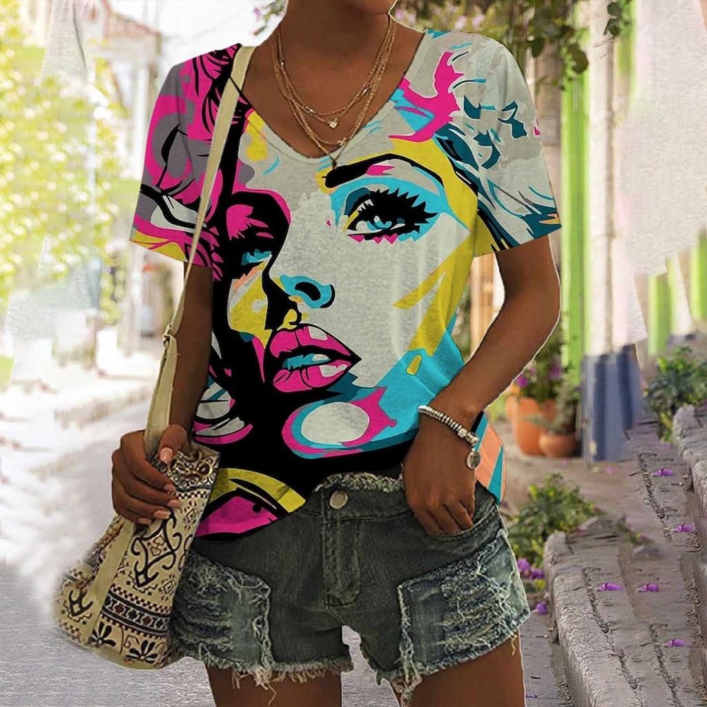 3D Painting Face Women's T-shirt Basic Harajuku Tops Summer Casual Short Sleeve V-Neck Loose Streetwear Female Fashion Pullover
