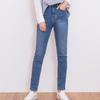 Jeans för kvinnor hög midja rak passform Medium Blå jeansbyxor midja dolda banding date outfits Korea mode