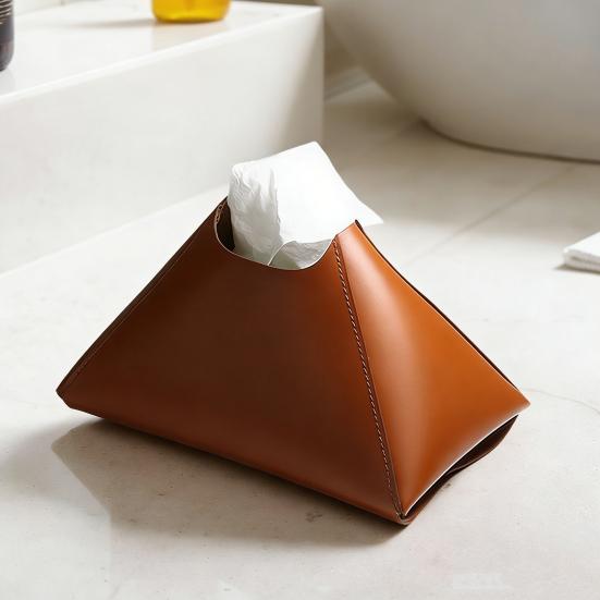 Faux Leather Tissue Holder Decorative Tissue Box Cover Pyramid Tissue Box Case Tabletop Tissue Dispenser
