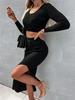 2023 Autumn/Winter Women's Solid Color Knitted Two-Piece Set: Round Neck Top & Long Sleeve Slit Skirt