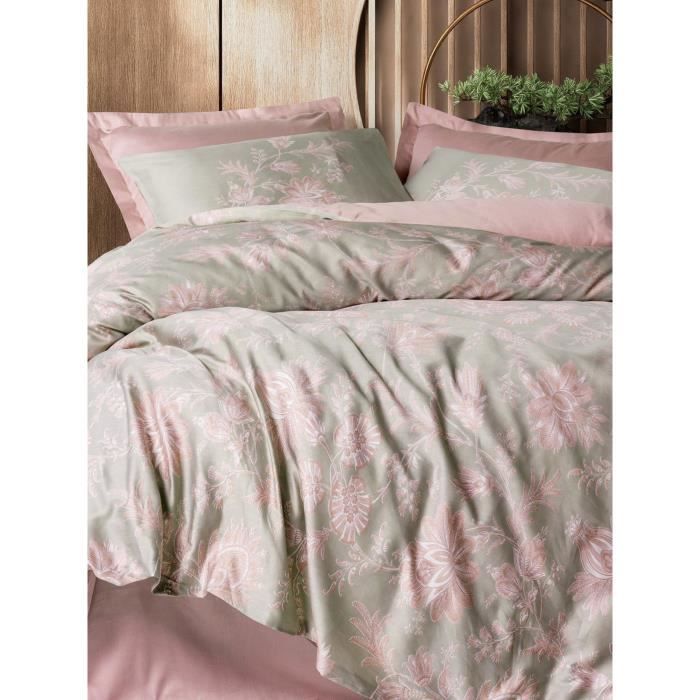 Parure de lit - 1 housse de couette 220 x 240 cm + 2 taies d'oreiller 60 x 60 cm - Satiné 100% coton - Poudre