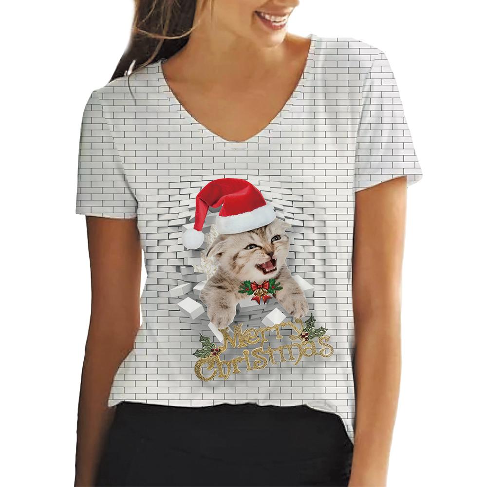 

3D-друк Популярний рваний настінний пуловер з коротким рукавом Футболка Кіт Санта-Клаус Фестивальний одяг V-подібним вирізом Звичайні популярні топи L