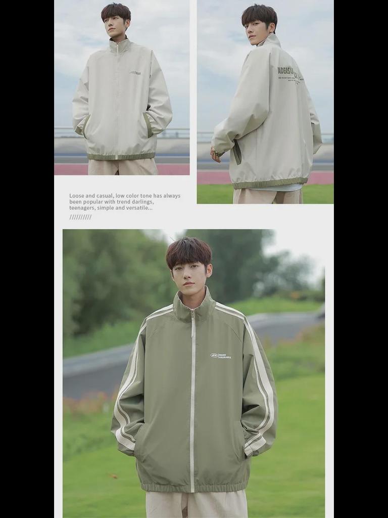 Hong Kong Style Men's Striped Two-Sided Stand-Up Collar Jacket - Casual Loose Fit for Spring and Autumn