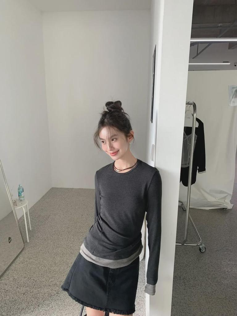 Nan Tao Women's Fake Two-Piece Slim Fit Long-Sleeve Top - Spring 2025 Korean Style Round Neck Shirt