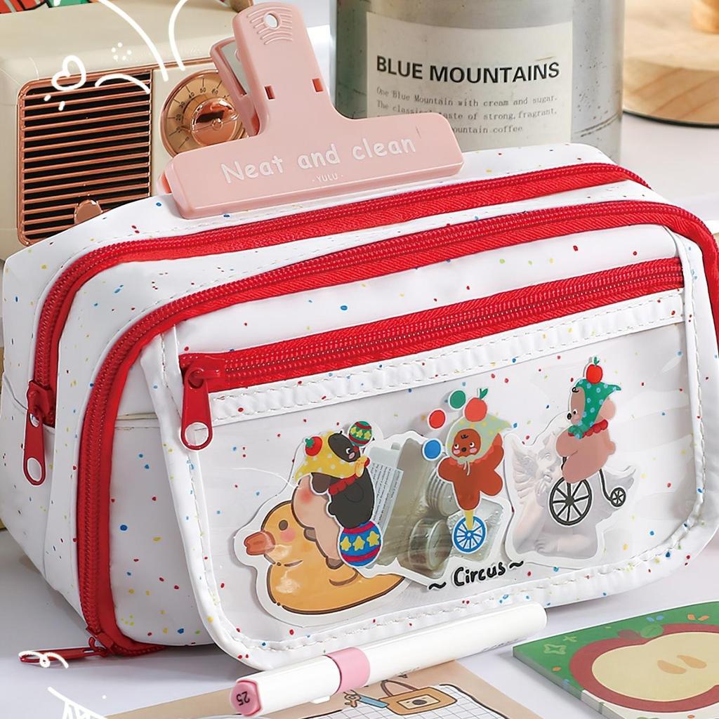 Lovely Circus Flip Pencil Case Pen Bag Minimalist Cartoon Animal Dalmatlans Croissant Multi-Layer Stationery Pouch