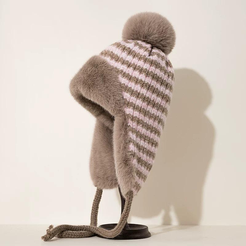 Hairball knitted hat women's winter velvet thickened ear protection hat striped cute warm cycling windproof wool hat