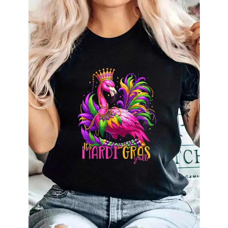 

Женская футболка Mardi Gras с фламинго, европейский размер - Яркий розово-зеленый графический принт с аппликацией, круглый вырез, короткий рукав, повседневная футболка, повседневная одежда S чёрный