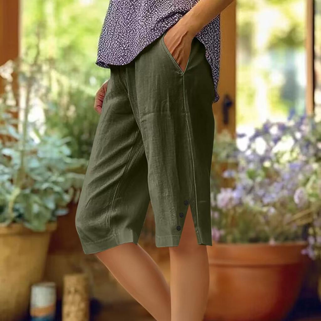 Women's Linen Blend Casual Capri Pants Elastic Waist Cropped Trousers with Side Buttons