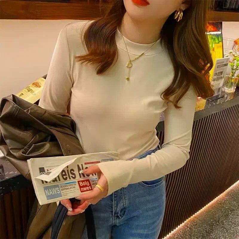 Jesień Y2K T-Shirt moda zimowa koszulka z długim rękawem ciepły top casualowe w stylu Streetwear jednolita koszula z krótkim rękawem obcisłe ubrania Blusas 29770