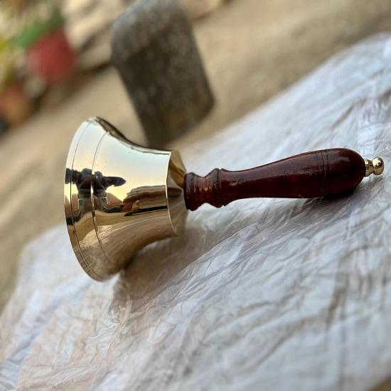 Polished Brass Hand Bell with Dark Wood Handle  Nautical Decor