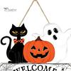 Solid Wood Craft Gift Halloween Welcome Door Sign, Pumpkin Ghost Black Cat Hanging Decor for Wooden Sign Front Door, Rustic Farmhouse Wall Art Indoor