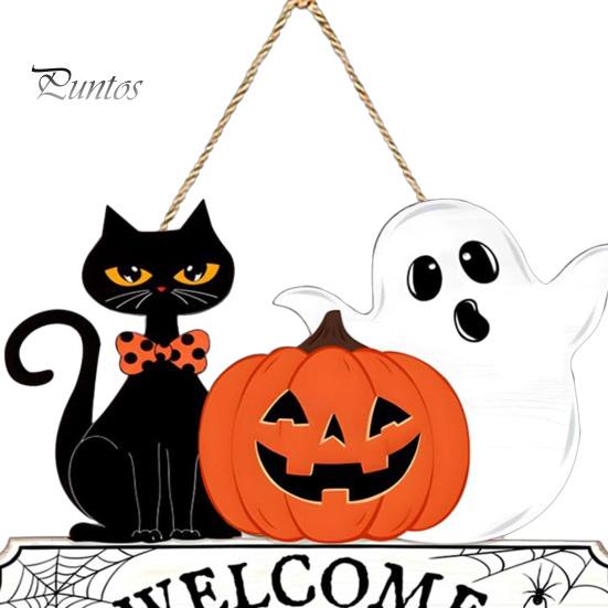Solid Wood Craft Gift Halloween Welcome Door Sign, Pumpkin Ghost Black Cat Hanging Decor for Wooden Sign Front Door, Rustic Farmhouse Wall Art Indoor