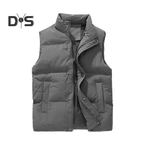 Men Windproof Vest Stand Collar Sleeveless Button Zipper Closure Waistcoat with Pockets Solid Color Thickened Down Vest Coat