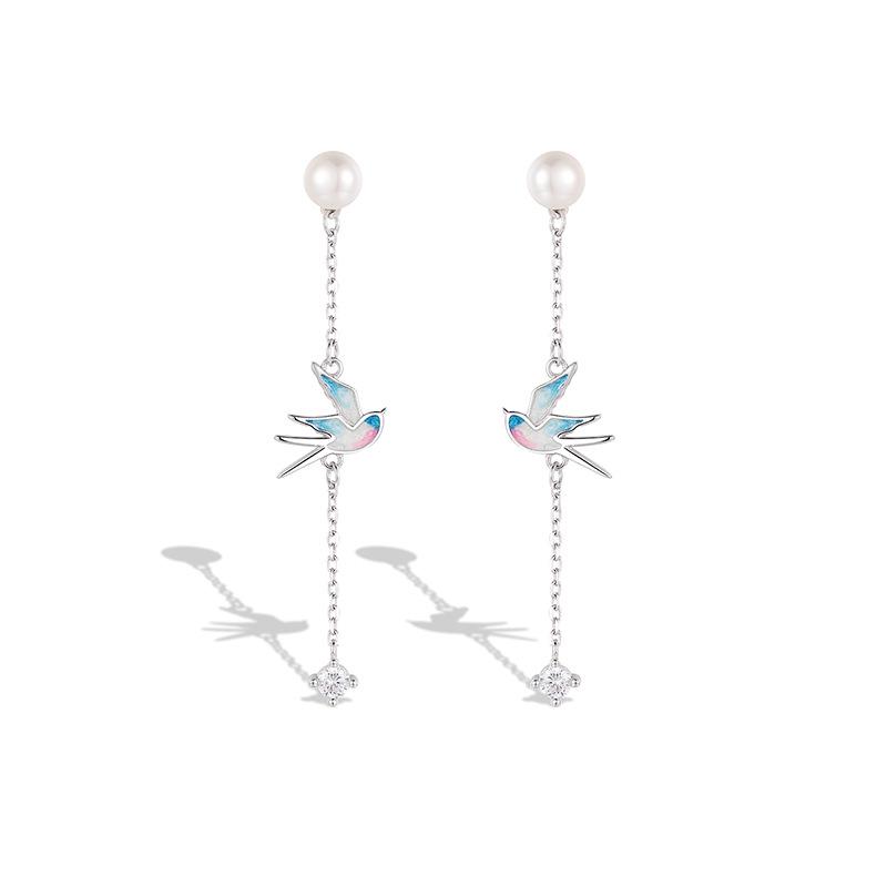 

Серьги в китайском стиле из стерлингового серебра 925 пробы с жемчужной кисточкой и цирконом в виде птицы S925 Silver