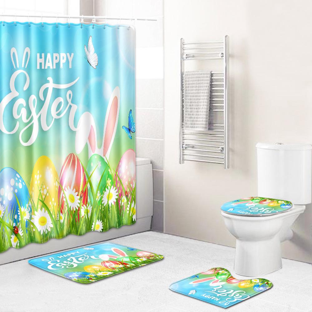 Easter Bunny Shower Curtain Floor Mat Four-Piece Set Bathroom Toilet Carpet Shower Room Mat Foot Mat