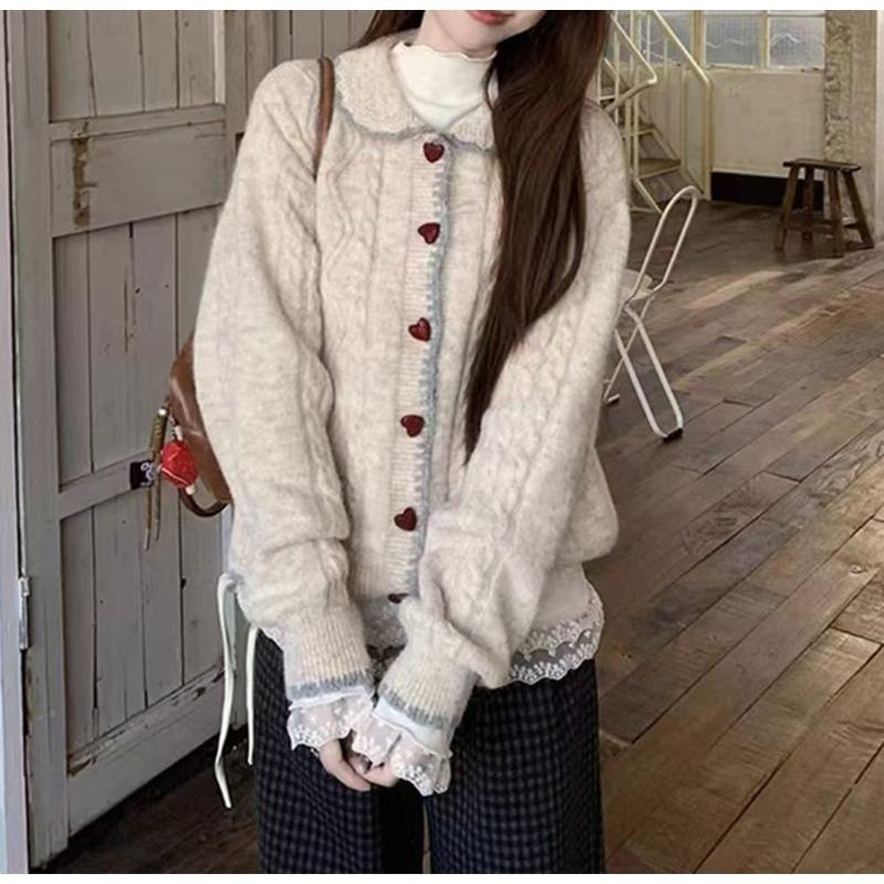 

Весна и Осень Новый Сладкий и Нежный Ветер Кукольный Воротник Вязаный Кардиган Женский Свободный Любовь Пуговица Мягкий Восковой Свитер Куртка One size
