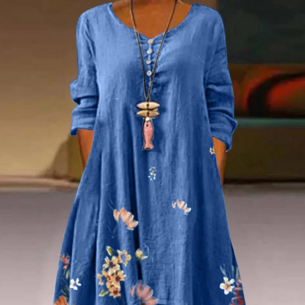 Yousheng Frühlings-/Herbstkleid mit Taschen, Vintage-Blumendruck, unregelmäßiger Lagensaum, lockeres A-Linien-Maxikleid für die tägliche Arbeitsparty