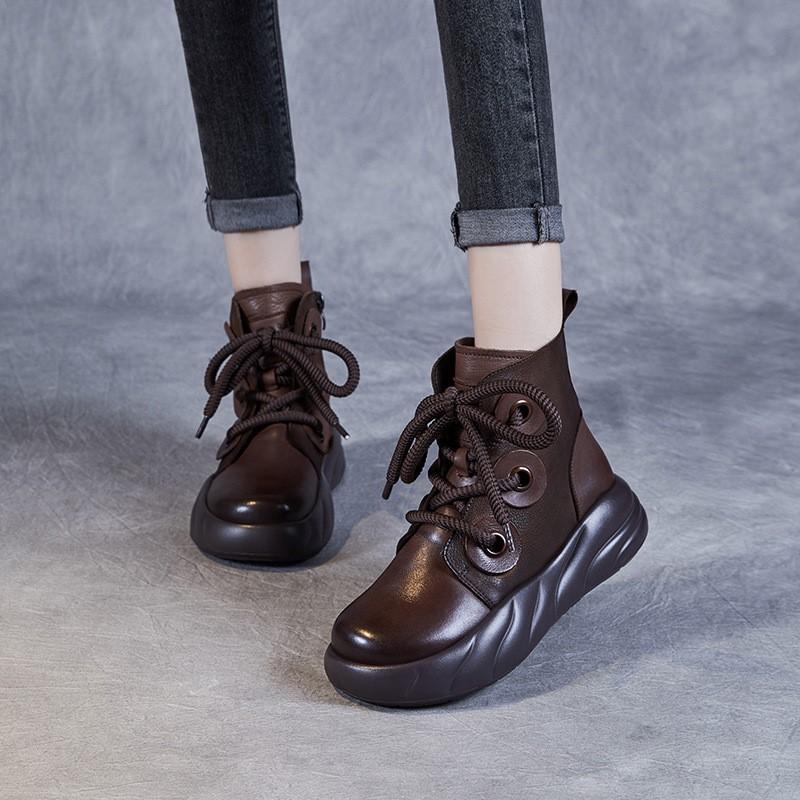 Johnature Genuine Leather Short Boots Retro Versatile Plush Warm Thick Bottom Side Zipper Women's Boots