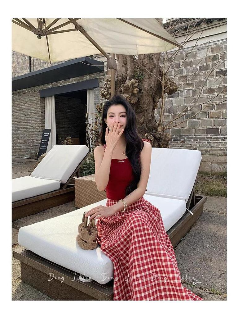 French Retro High-End Red Plaid Midi Skirt for Women - 2025 Summer Trend