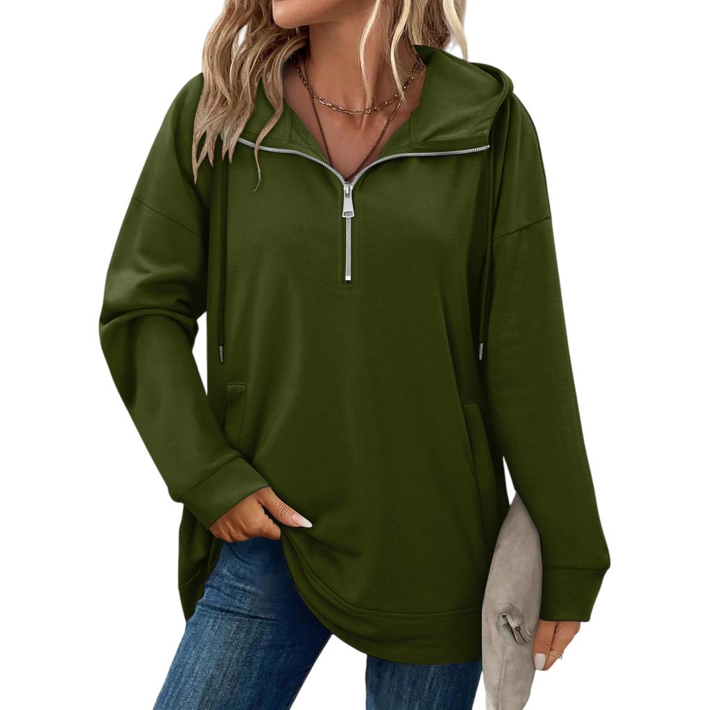 Women's Fashionable Solid Color Hooded Long Sleeved Pocket Pullover Sweatshirt Top