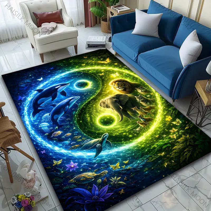 Multiple Sizes Yin Yang with Land and Sea Animals Carpet for Living Room Bedroom Sofa Home Decor Rus Non-slip Floor Mat