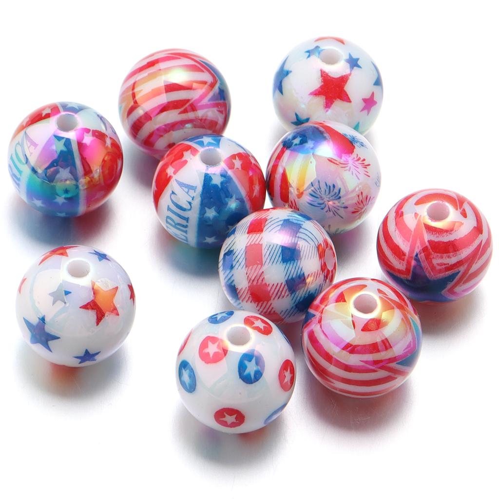 10Pcs 15.5mm Acrylic Plated UV Colored Beads Stripes Star Printed Loose Round Beads For DIY Phone Chain Jewelry Accessories