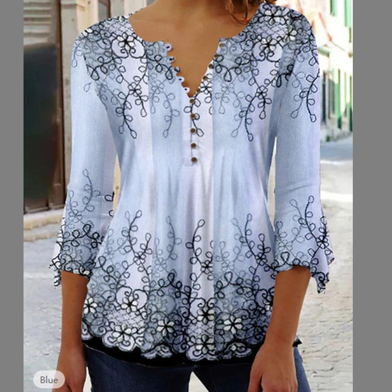 

Летняя модная повседневная женская футболка в европейском и американском стиле с цветочным принтом, V-образным вырезом и рукавом 3/4 S